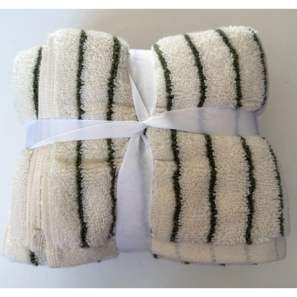 Brooks Brothers Hand Towels White Green Stripe Set of 2 Think Plush Luxury